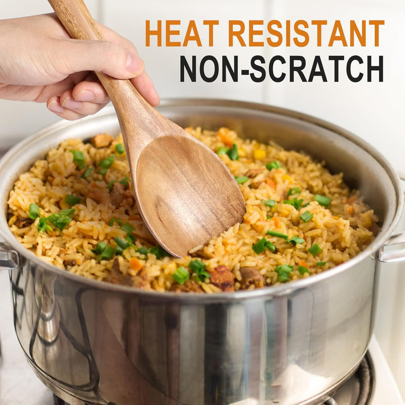 Conjunto de utensílios de cozinha de madeira teca natural de 9 peças com descanso de colher - Suporte de colheres e utensílios de cozinha com aderência confortável