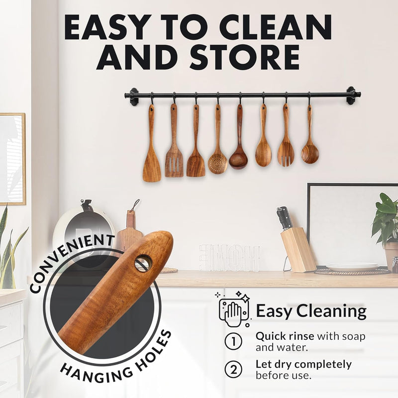 Zulay Kitchen Conjunto de colheres de madeira de 6 peças – Utensílios de teca macios resistentes ao calor com aderência confortável – leve e durável – fácil de limpar, perfeito para panelas