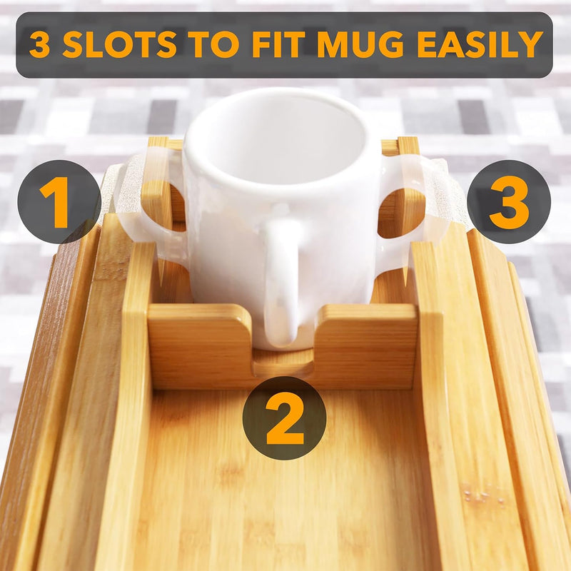 SpaceAid Suporte de copo de bambu para sofá, dobrável antiqueda, bandeja de apoio de braço com suporte de copo, organizador de mesa lateral de braço de sofá para lanches remotos (natural)