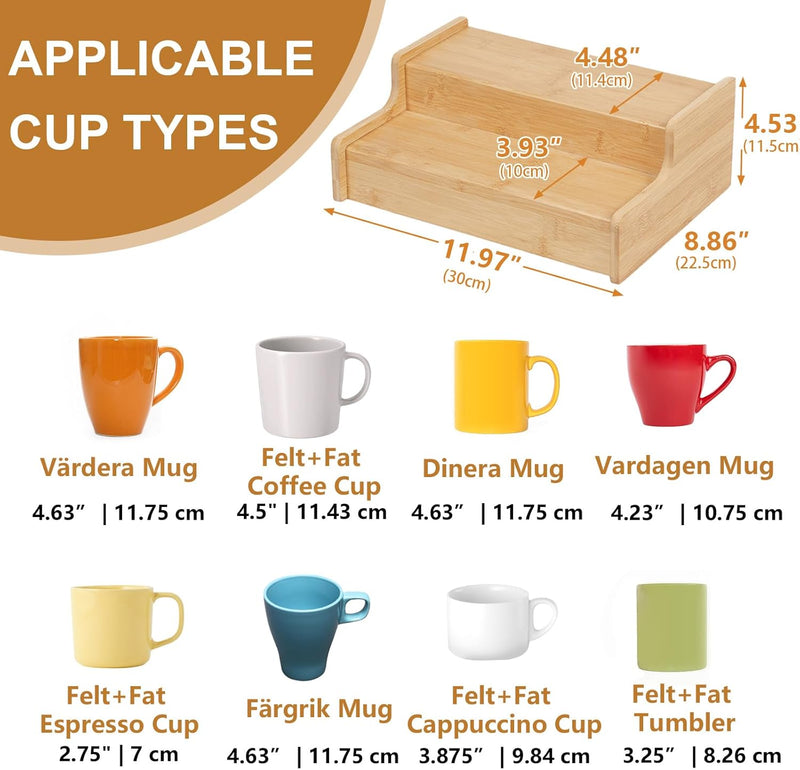 Suporte de caneca de café expansível de 2 camadas, organizador de canecas para armários de cozinha, suporte de caneca de bambu, prateleira multifuncional para copos, organizador de cafés