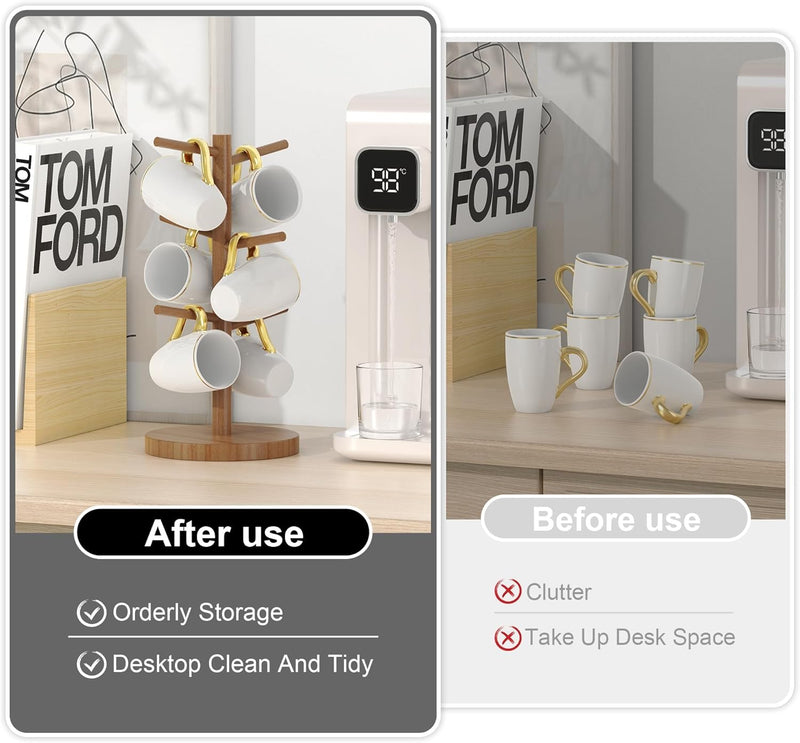 Wisuce Suporte de caneca de café de bambu, base mais grossa, suporte para copo de café, suporte para balcão, suporte para canecas com 6 ganchos (natural)