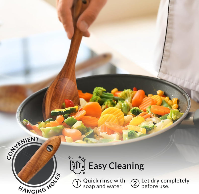 Zulay Kitchen Conjunto de colheres de madeira de 6 peças – Utensílios de teca macios resistentes ao calor com aderência confortável – leve e durável – fácil de limpar, perfeito para panelas