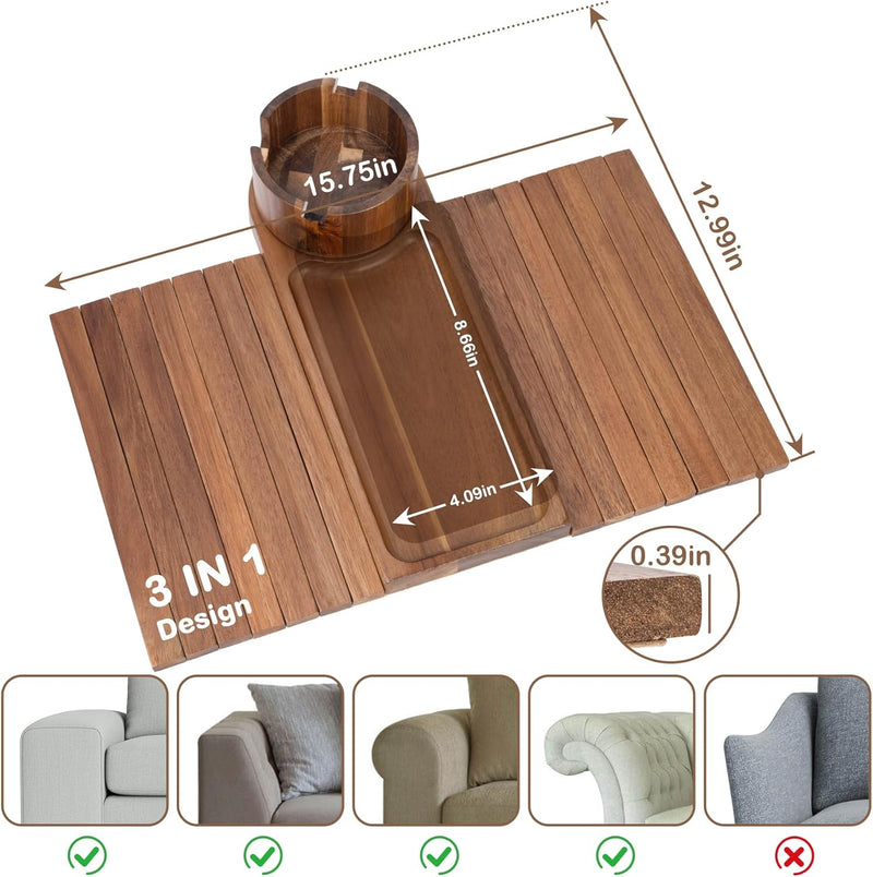 Bandeja de suporte de copo de sofá, bandeja de braço de sofá de bambu com suporte giratório de 360°, bandeja de descanso de braço de sofá dobrável 3 em 1 para controle remoto/lanches/xícaras/bebidas