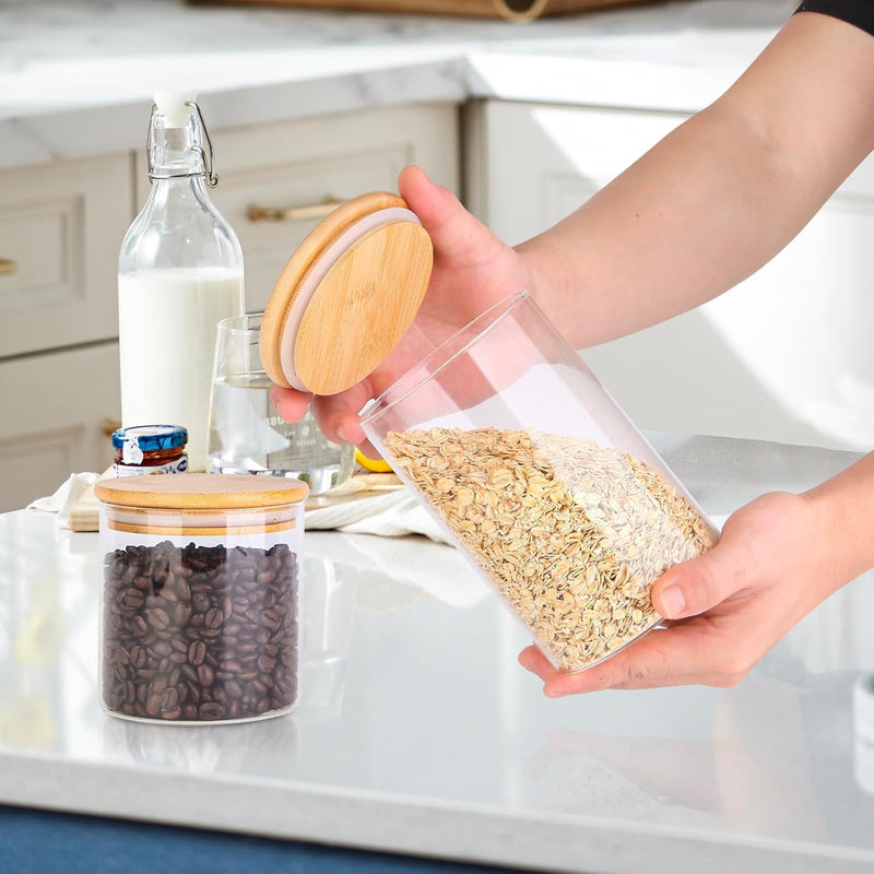Frascos de vidro para alimentos com tampas, recipientes de armazenamento de vidro de 900 ml com tampas herméticas de bambu, conjunto de 4 recipientes de vidro redondos, organizadores de despensa e