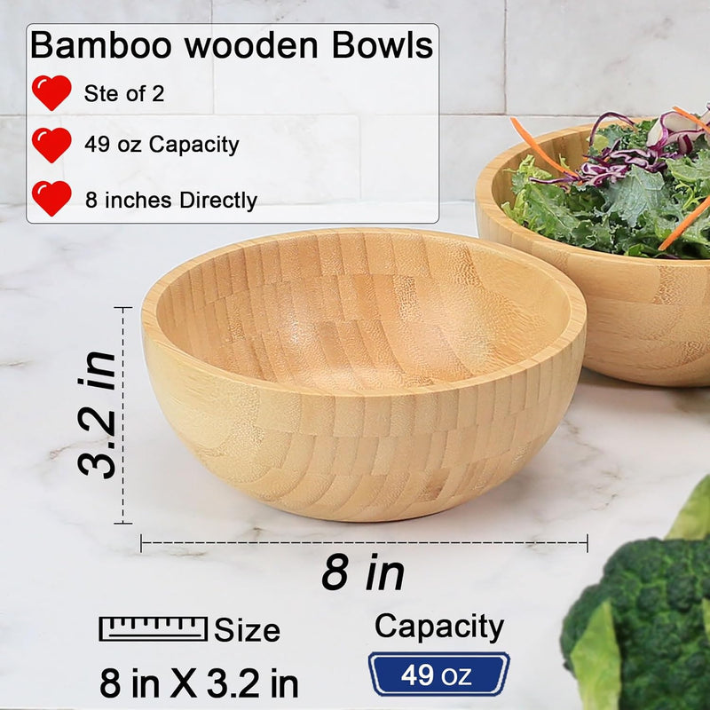 Tigelas de salada de bambu, tigelas grandes redondas de madeira de bambu de 20 cm para saladas/frutas/massas/legumes, tigela de servir à mão para entretenimento e festa, decoração de casa