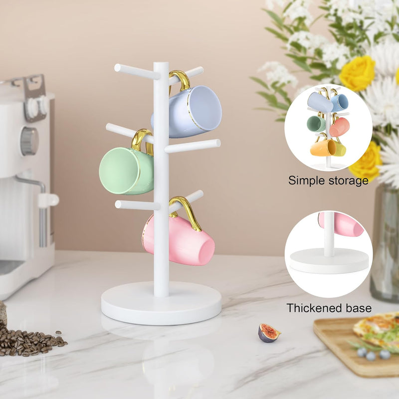 Wisuce Suporte de caneca de café de bambu, base mais grossa, suporte para copo de café, suporte para balcão, suporte para canecas com 6 ganchos (natural)