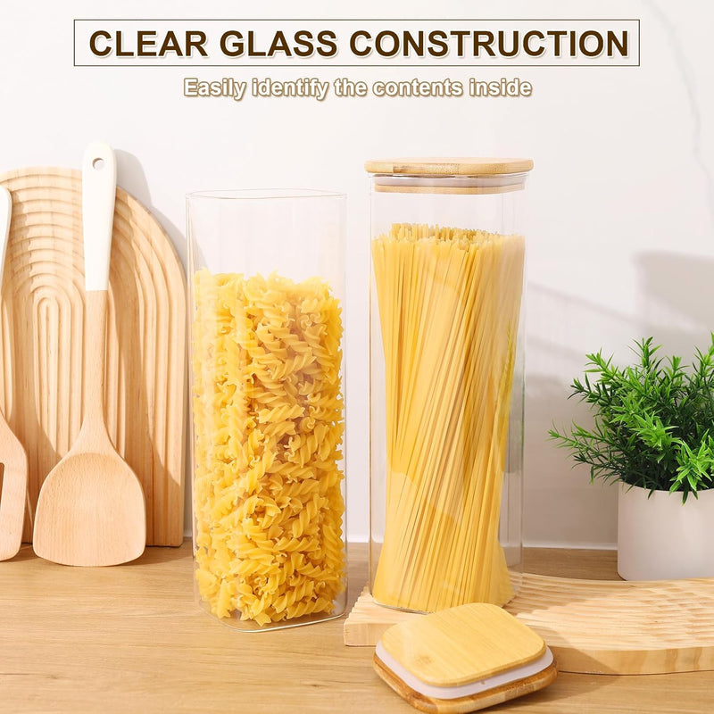 Frascos de vidro para armazenamento de alimentos com tampas (680 g/1,048 g/1,417 g), conjunto quadrado de 6, recipientes de armazenamento de vidro transparente para alimentos com tampa de bambu