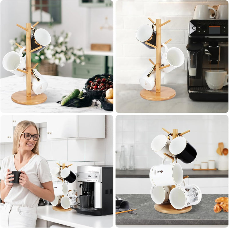 Suporte de caneca de bambu, 6 ganchos para canecas de café, suporte decorativo para balcão, caneca de café antiderrapante, árvore