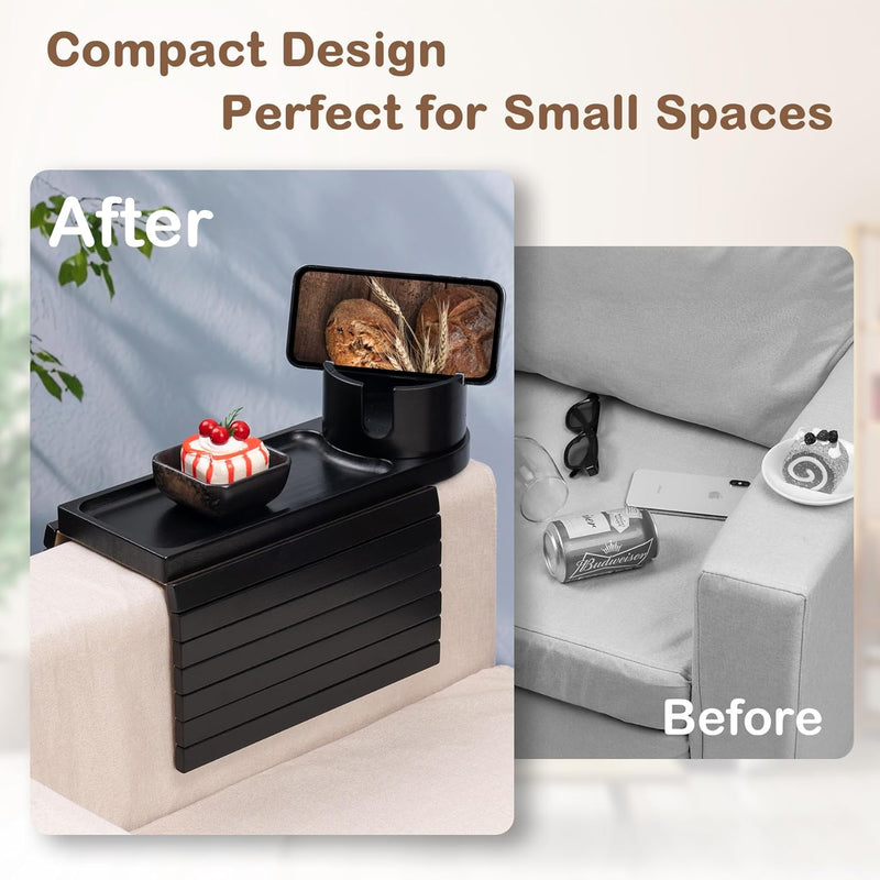 Bandeja de suporte de copo de sofá, bandeja de braço de sofá de bambu com suporte giratório de 360°, bandeja de descanso de braço de sofá dobrável 3 em 1 para controle remoto/lanches/xícaras/bebidas