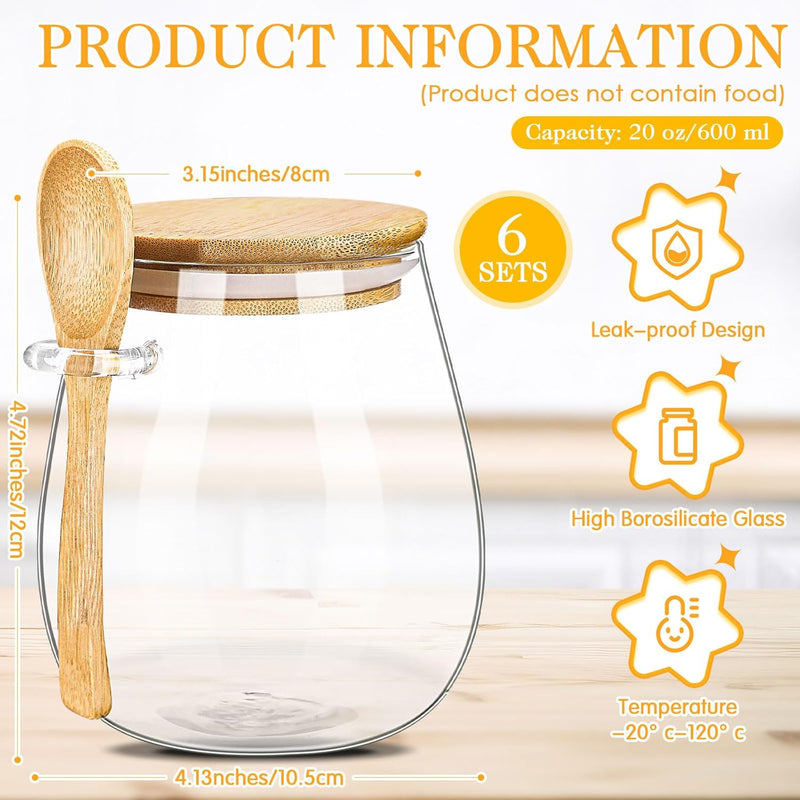 Pickmesh Set of 6 Airtight Glass Jars with Bamboo Lids and Spoons 20 oz Glass Storage Containers Jars Set for Kitchen Food Storage Sugar Chia Seeds Overnight Oats Spice Beans Coffee Dry Goods