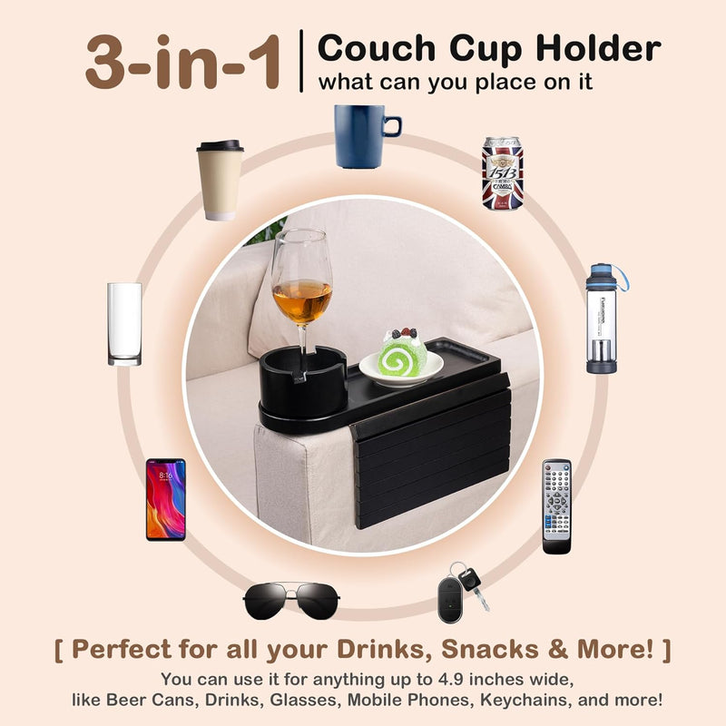 Bandeja de suporte de copo de sofá, bandeja de braço de sofá de bambu com suporte giratório de 360°, bandeja de descanso de braço de sofá dobrável 3 em 1 para controle remoto/lanches/xícaras/bebidas