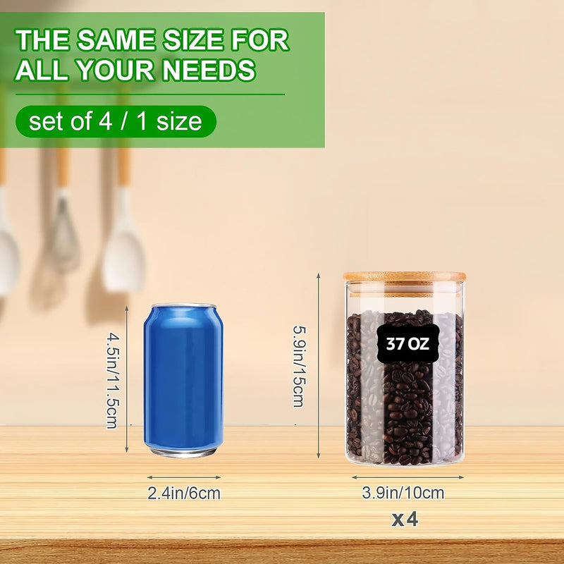 Frascos de vidro para alimentos com tampas, recipientes de armazenamento de vidro de 900 ml com tampas herméticas de bambu, conjunto de 4 recipientes de vidro redondos, organizadores de despensa e