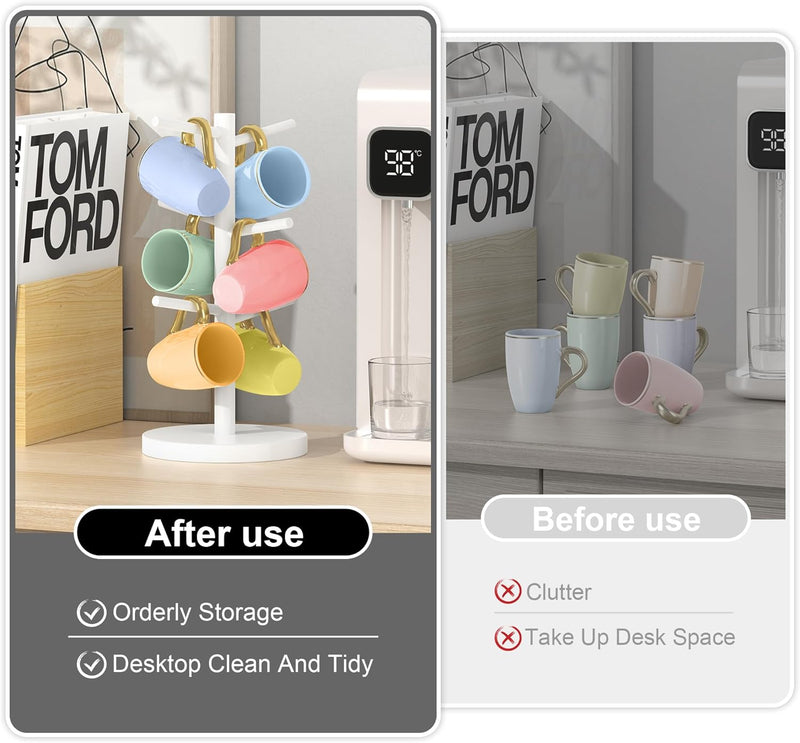 Wisuce Suporte de caneca de café de bambu, base mais grossa, suporte para copo de café, suporte para balcão, suporte para canecas com 6 ganchos (natural)