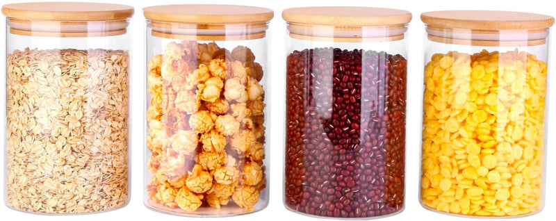 Frascos de vidro para alimentos com tampas, recipientes de armazenamento de vidro de 900 ml com tampas herméticas de bambu, conjunto de 4 recipientes de vidro redondos, organizadores de despensa e
