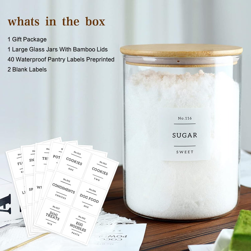Pacote com 5 frascos de vidro com tampas herméticas de bambu - Recipientes empilháveis de armazenamento de alimentos com 132 etiquetas de despensa - com tampa de madeira para doces,