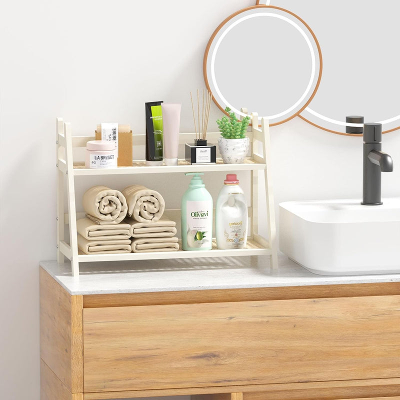 Organizador de estação de café com aparência de vime, suporte de caneca de bambu, prateleira de balcão de cozinha para acessórios de chá e café, suporte de matcha, expositor de xícara, rack