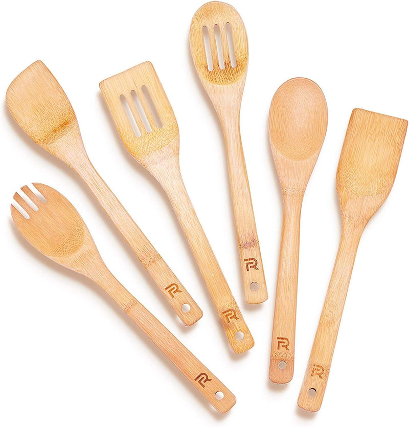 Riveira Colheres de cozinha de bambu com 6 peças – Conjunto de utensílios de cozinha de madeira com colheres de madeira para cozinhar e espátulas, conjuntos de utensílios de madeira – Conjunto de