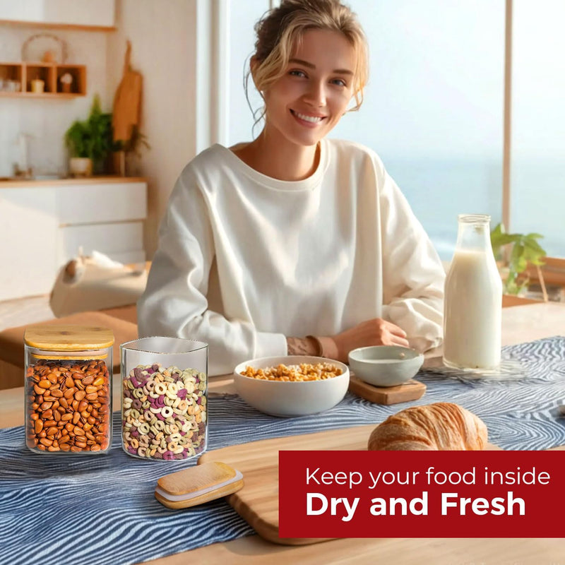 Frascos de armazenamento de vidro com tampa de bambu, recipientes de cozinha herméticos para assar, recipiente de alimentos para especiarias, biscoitos, chá, café e lanches (4 pacotes de 0,6 qt)
