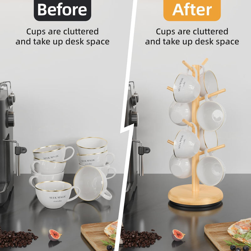 BAMBANG Suporte de caneca de árvore, rotação de 360°, 8 ganchos, suporte de copo de café para bancada, suporte de bambu para cozinha, bancada, casa, natural