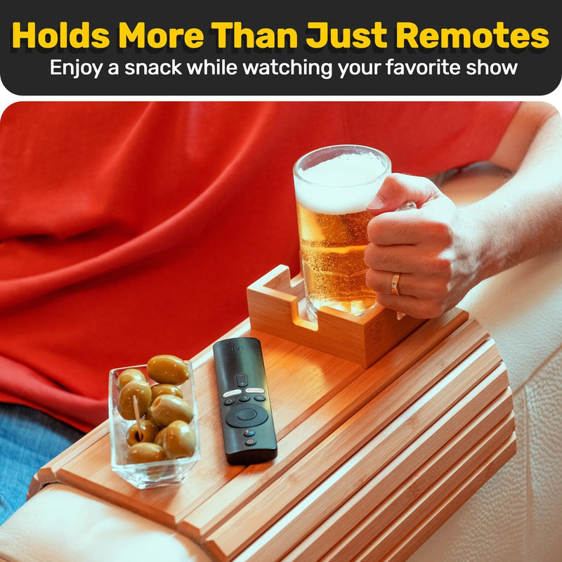 Bandeja de sofá de bambu e apoio de braço com suporte de copo – Suporte versátil para bebidas e lanches para sofá, poltrona reclinável ou namoradeira