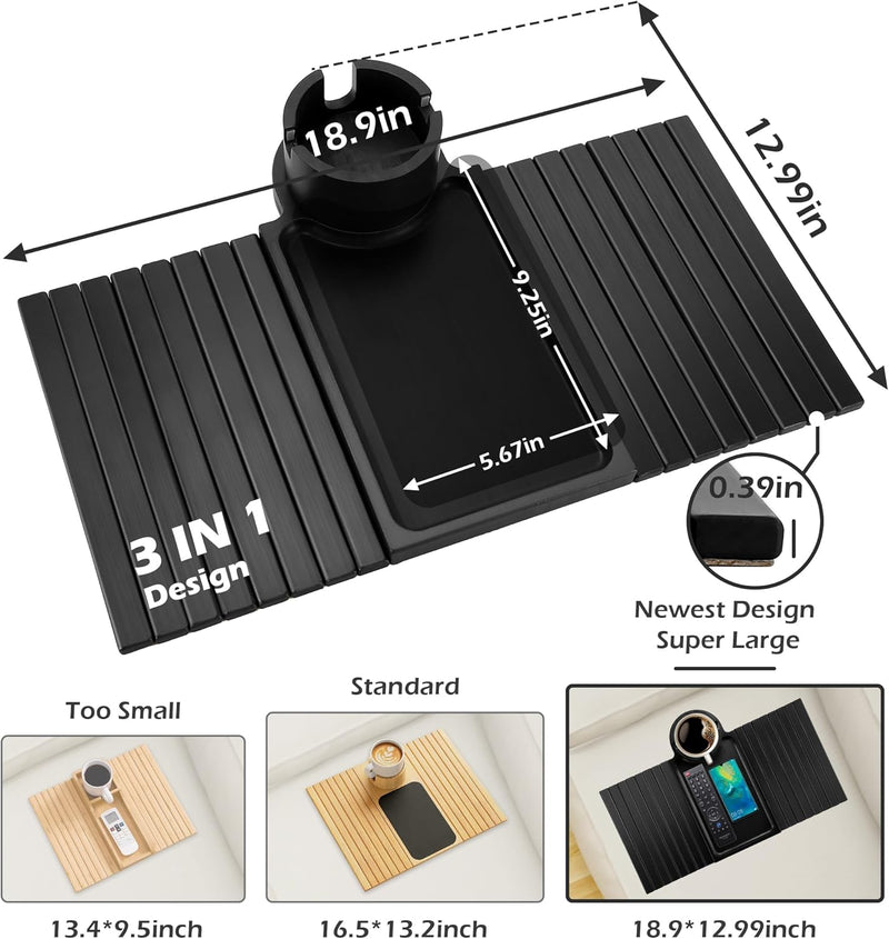 BAMBOOTRAY Bandeja de suporte de copo de sofá, mesa de braço de sofá 3 em 1, grande 48 x 33 cm, mesa lateral de bambu com clipe de sofá com suporte de copo de 360° para sofá, organizador