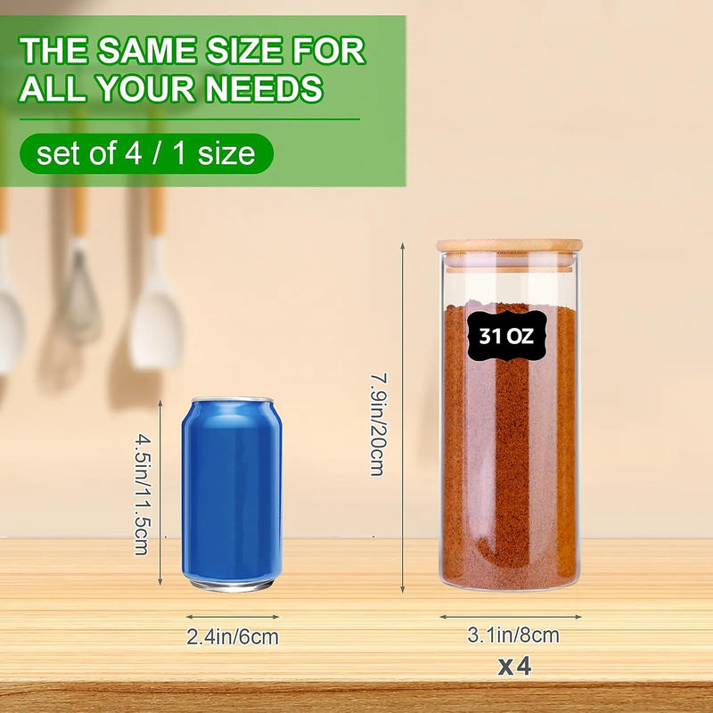 Frascos de vidro para alimentos com tampas, recipientes de armazenamento de vidro de 900 ml com tampas herméticas de bambu, conjunto de 4 recipientes de vidro redondos, organizadores de despensa e