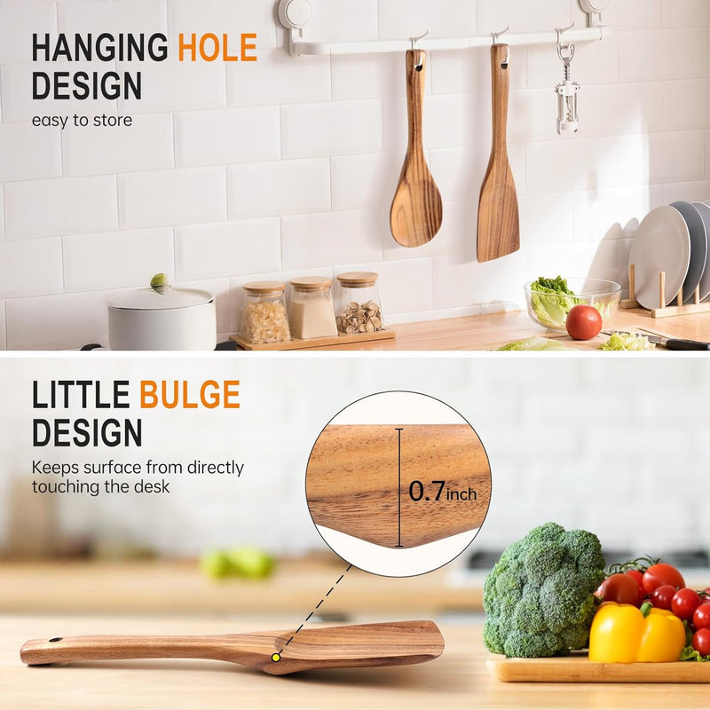 Conjunto de utensílios de cozinha de madeira teca natural de 9 peças com descanso de colher - Suporte de colheres e utensílios de cozinha com aderência confortável