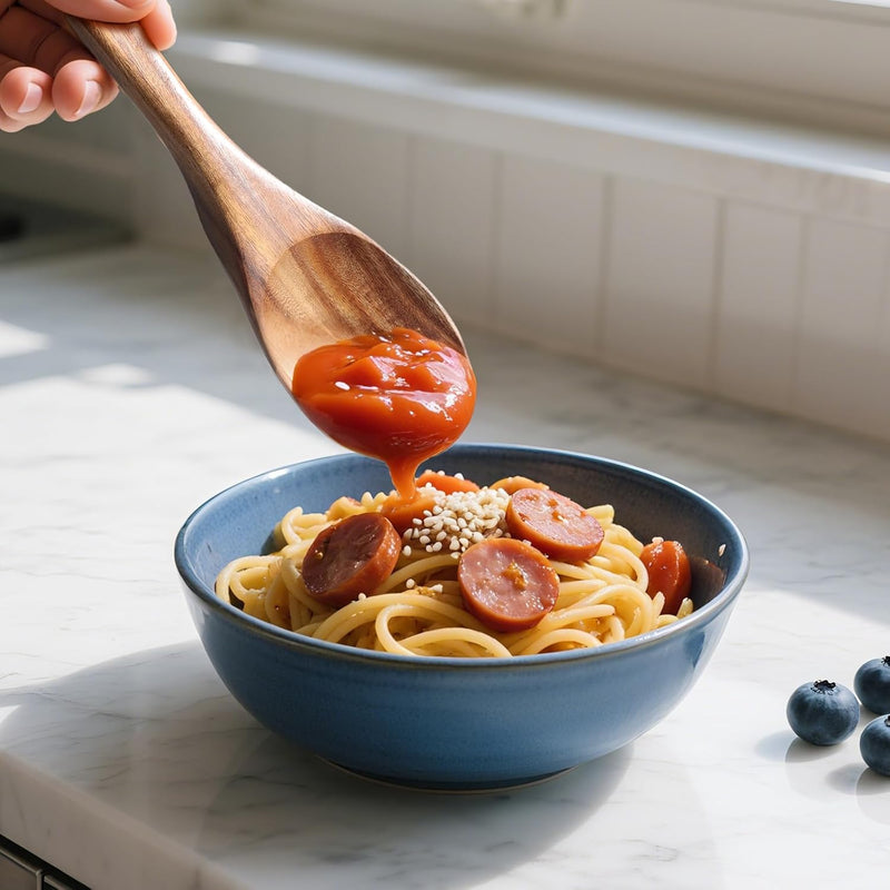 Conjunto de utensílios de cozinha de madeira teca natural de 9 peças com descanso de colher - Suporte de colheres e utensílios de cozinha com aderência confortável