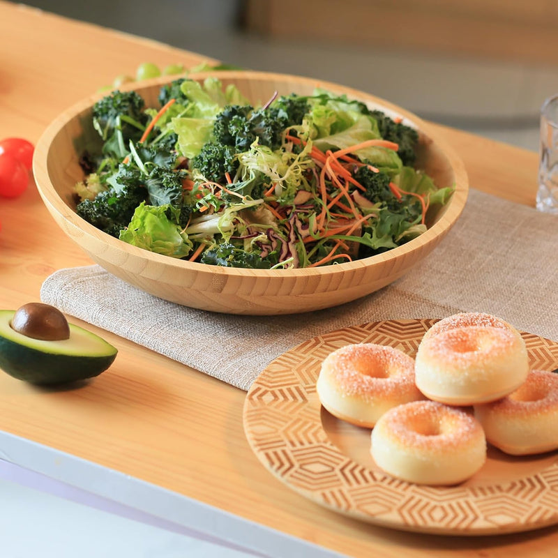 Tigelas de salada de bambu, tigelas grandes redondas de madeira de bambu de 20 cm para saladas/frutas/massas/legumes, tigela de servir à mão para entretenimento e festa, decoração de casa