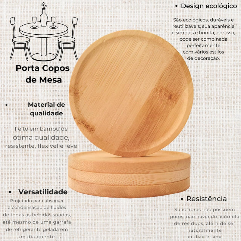 Kit 4 Porta Copos Redondos de Bambu | Pires de Madeira 10 cm | Ecológico, Lavável e Durável