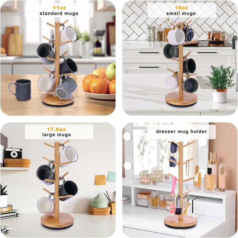 Suporte de caneca de árvore, girado 360° atualizado com 8 ganchos para balcão, suporte de bambu para acessórios de cafeteria