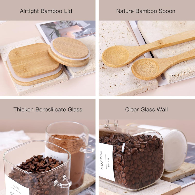 Pacote com 5 frascos de vidro com tampas herméticas de bambu - Recipientes empilháveis de armazenamento de alimentos com 132 etiquetas de despensa - com tampa de madeira para doces,