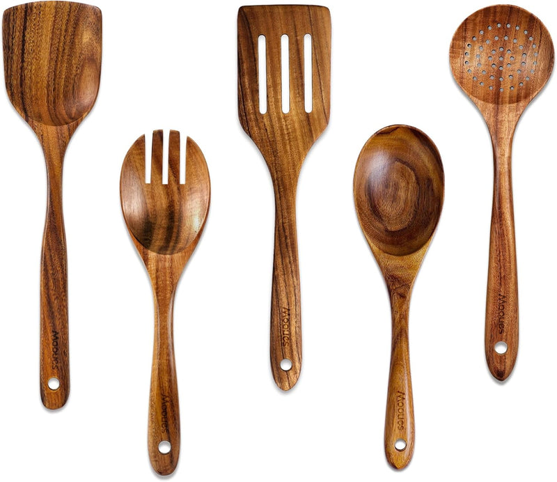Conjunto de utensílios de cozinha de madeira teca natural de 9 peças com descanso de colher - Suporte de colheres e utensílios de cozinha com aderência confortável