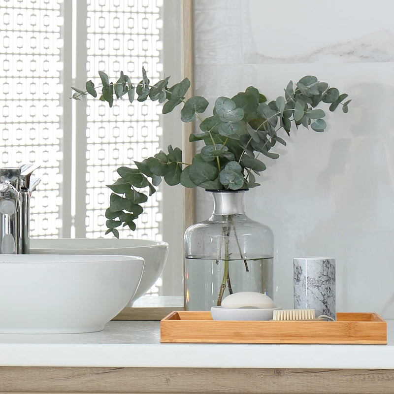 Bamboo Tea Serving Tray 3 Pcs Decorative Multi Use Bathroom Counter Tray with Edges Bamboo Vanity for Dresser Food Coffee Tea Snack Tissues Candles, 11 x 4 Inch(Rectangle Style)