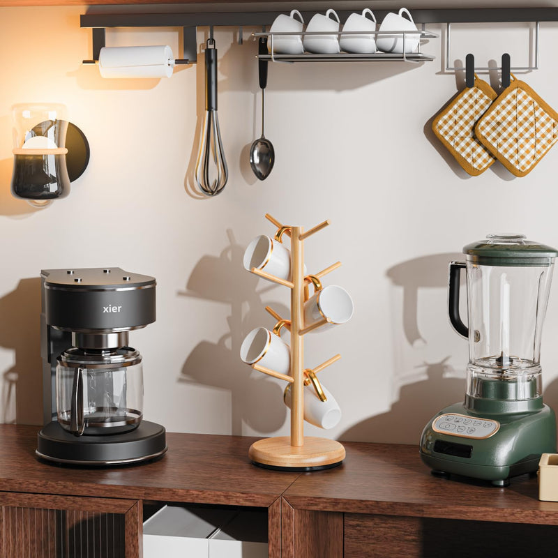 BAMBANG Suporte de caneca de árvore, rotação de 360°, 8 ganchos, suporte de copo de café para bancada, suporte de bambu para cozinha, bancada, casa, natural