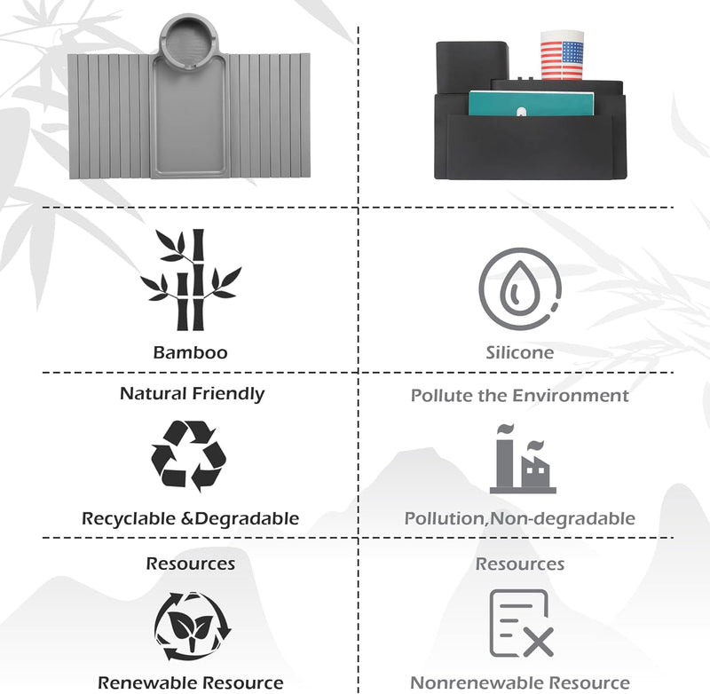 BAMBOOTRAY Bandeja de suporte de copo de sofá, mesa de braço de sofá 3 em 1, grande 48 x 33 cm, mesa lateral de bambu com clipe de sofá com suporte de copo de 360° para sofá, organizador