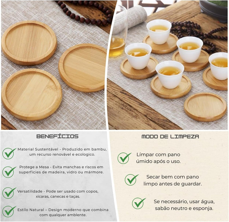 Kit 4 Porta Copos Redondos de Bambu | Pires de Madeira 10 cm | Ecológico, Lavável e Durável