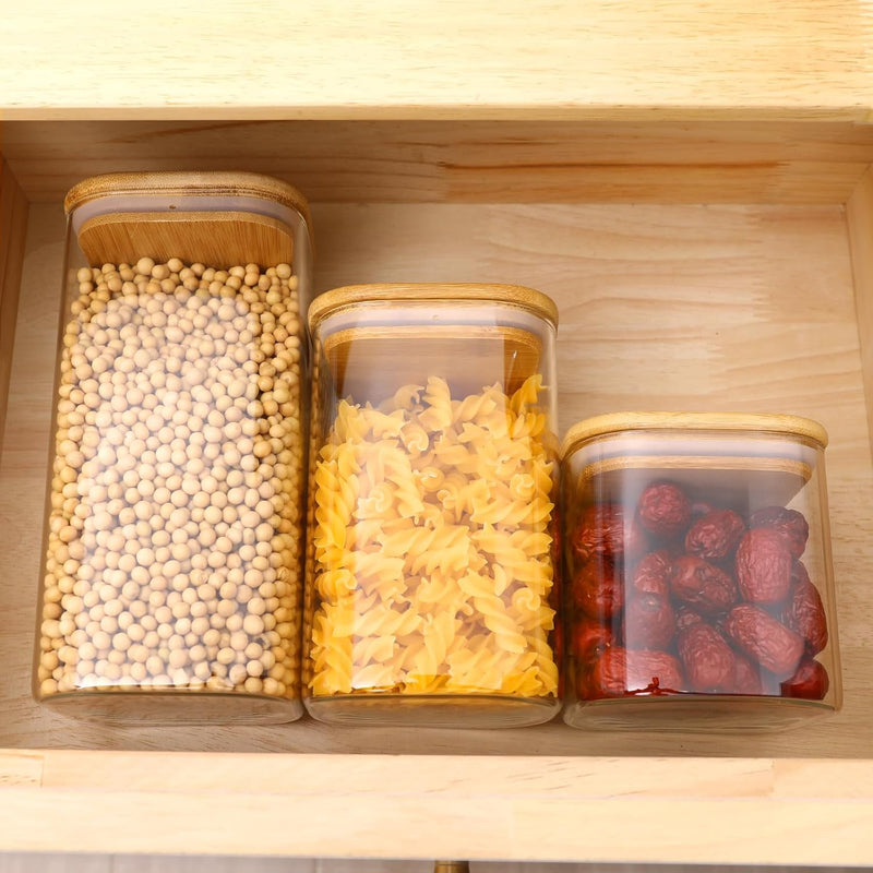 Frascos de vidro para armazenamento de alimentos com tampas (680 g/1,048 g/1,417 g), conjunto quadrado de 6, recipientes de armazenamento de vidro transparente para alimentos com tampa de bambu