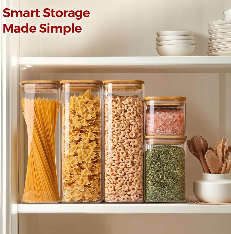 Frascos de armazenamento de vidro com tampa de bambu, recipientes de cozinha herméticos para assar, recipiente de alimentos para especiarias, biscoitos, chá, café e lanches (4 pacotes de 0,6 qt)
