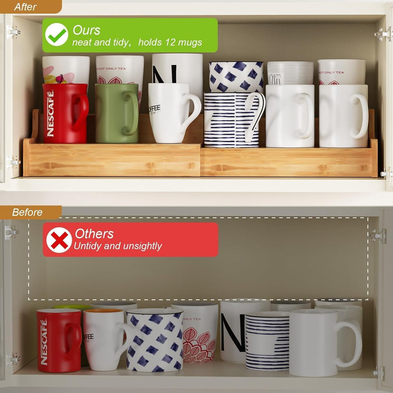 Suporte de caneca de café expansível de 2 camadas, organizador de canecas para armários de cozinha, suporte de caneca de bambu, prateleira multifuncional para copos, organizador de cafés