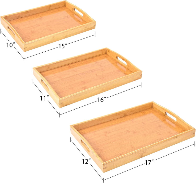 3 Pack Bamboo Serving Trays with Handles, Rectangular Kitchen Food Tray for Eating, Dinner Trays for Eating on Couch, Wood Serving Platter for Breakfast, Tea, Bar, Restaurant, Party or Bed (Beige)