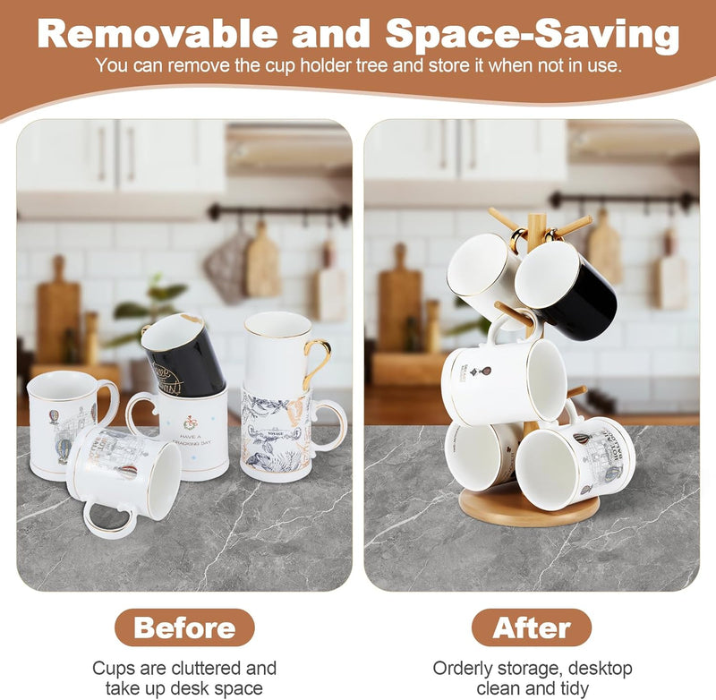 Suporte de caneca de bambu, 6 ganchos para canecas de café, suporte decorativo para balcão, caneca de café antiderrapante, árvore