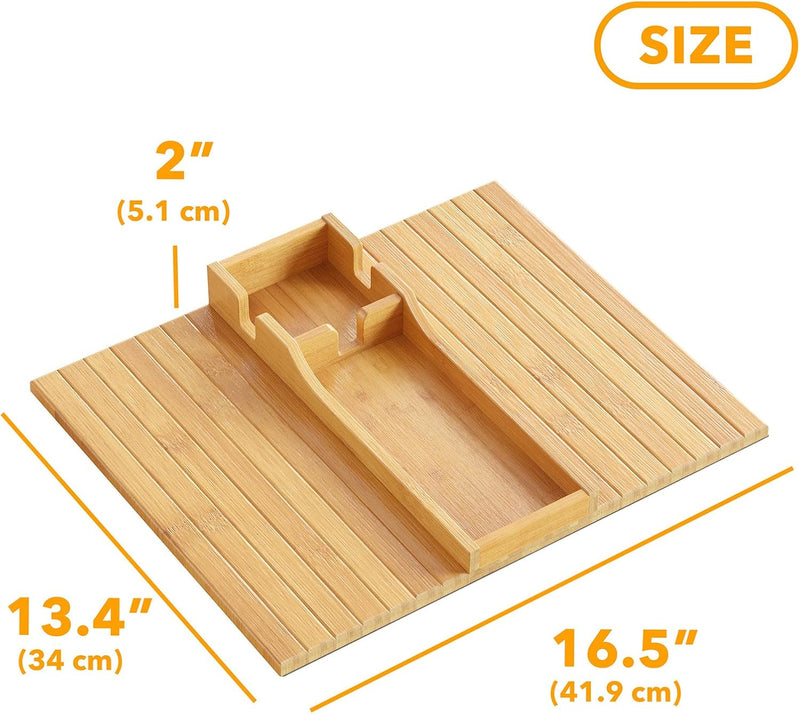 SpaceAid Suporte de copo de bambu para sofá, dobrável antiqueda, bandeja de apoio de braço com suporte de copo, organizador de mesa lateral de braço de sofá para lanches remotos (natural)