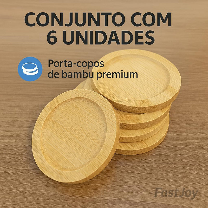 Kit Com 6 Porta Copos De Bambu Natural Redondos Descanso De Copo Premium