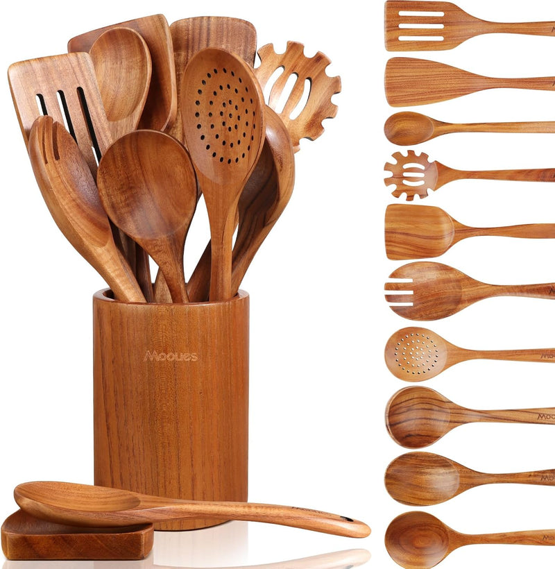 Conjunto de utensílios de cozinha de madeira teca natural de 9 peças com descanso de colher - Suporte de colheres e utensílios de cozinha com aderência confortável