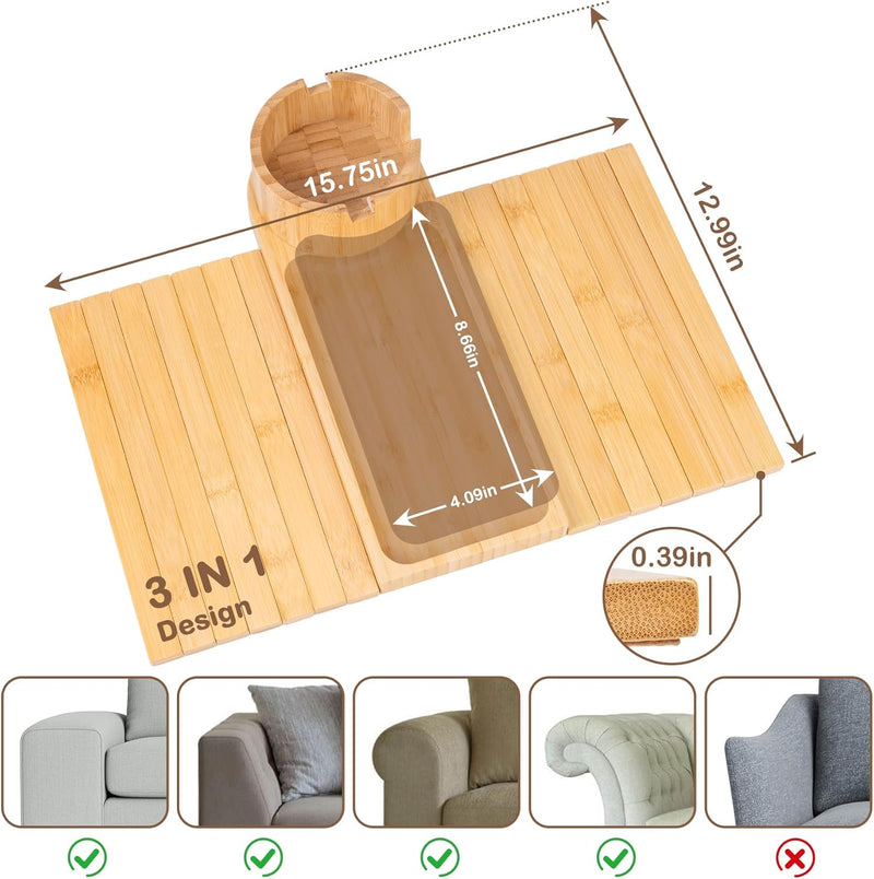 Bandeja de suporte de copo de sofá, bandeja de braço de sofá de bambu com suporte giratório de 360°, bandeja de descanso de braço de sofá dobrável 3 em 1 para controle remoto/lanches/xícaras/bebidas
