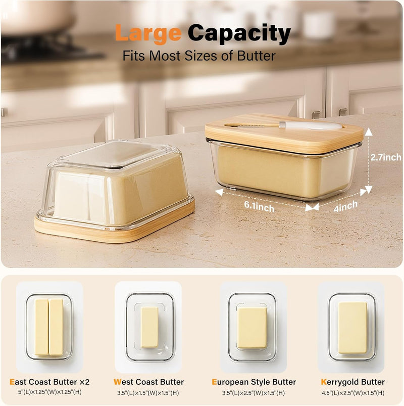 Manteiga de vidro com tampa e faca de bambu