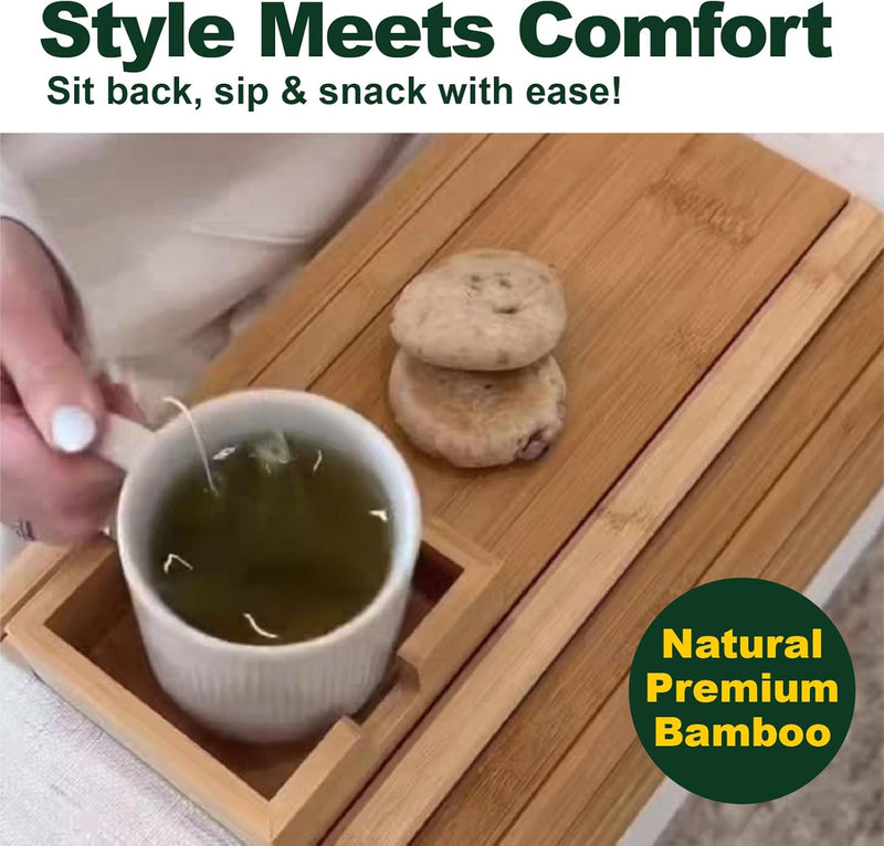 Couch Cup Holder, Bamboo Sofa Armrest Tray with Detachable Cup Holder – Foldable, Anti-Slip Couch Table for Drinks, Snacks, Remotes & Phones – Universal Fit Organizer, Easy to Clean