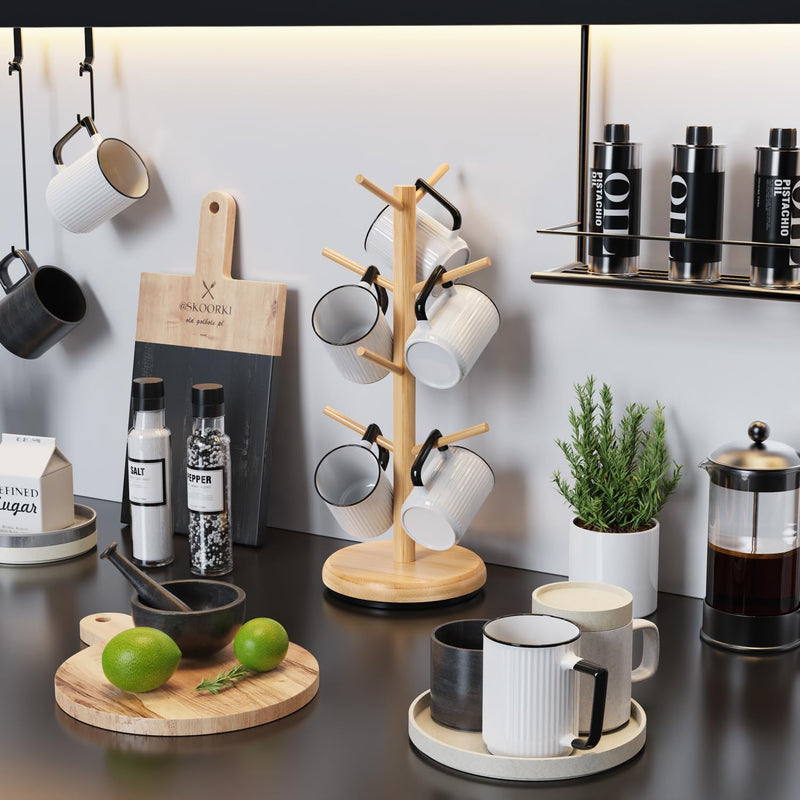 BAMBANG Suporte de caneca de árvore, rotação de 360°, 8 ganchos, suporte de copo de café para bancada, suporte de bambu para cozinha, bancada, casa, natural