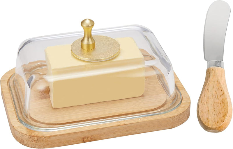 Manteiga grande de vidro com tampa e faca para bancada e geladeira